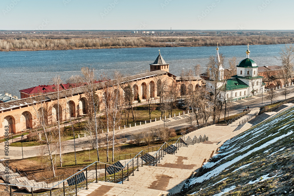 Recreated Church of Simeon Stylite, White tower, walls of Nizhny Novgorod Kremlin and Volga River.