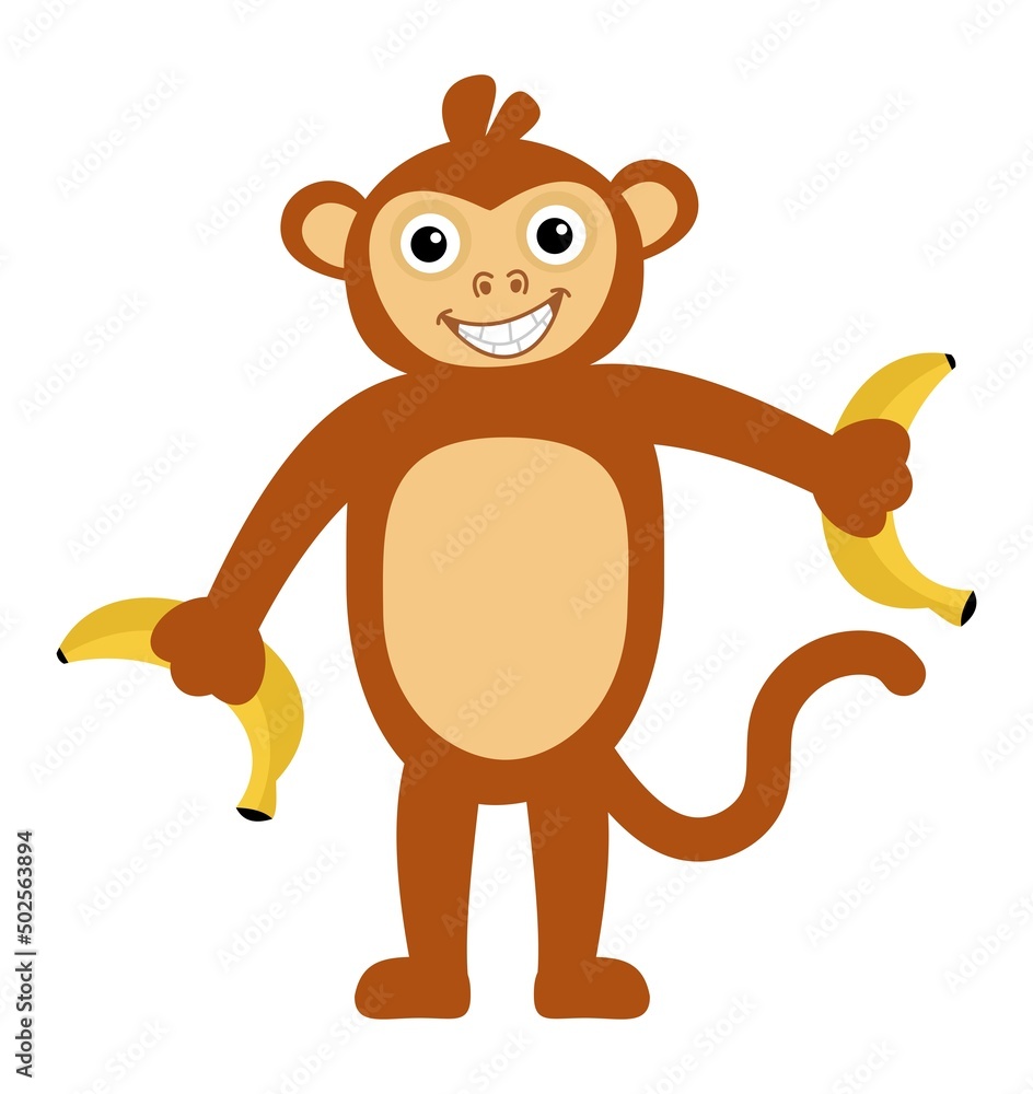 Young red-haired monkey smiling and standing with black eyes holding bananas Young red-haired monkey smiling and standing with black eyes holding bananas