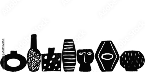 Web banner with art modern vases and empty space.Trendy contemporary design. Black illustration isolated on white background