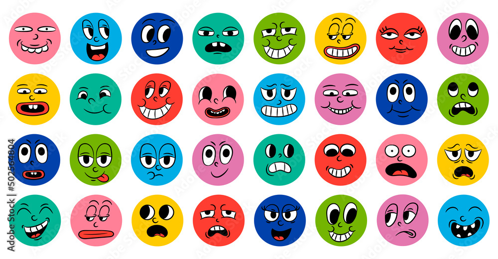 Set of cartoon comic funny faces in retro style with different expressions of emotions. Abstract round icons of heads of emotional characters. Emoji people animation in 50s 60s style. vector Set of cartoon comic funny faces in retro style with different expressions of emotions. Abstract round icons of heads of emotional characters. Emoji people animation in 50s 60s style. vector