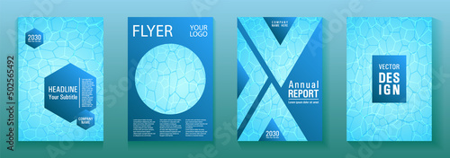 World Oceans Day brochure cover templates. Ecological booklets with clean sea water pattern.