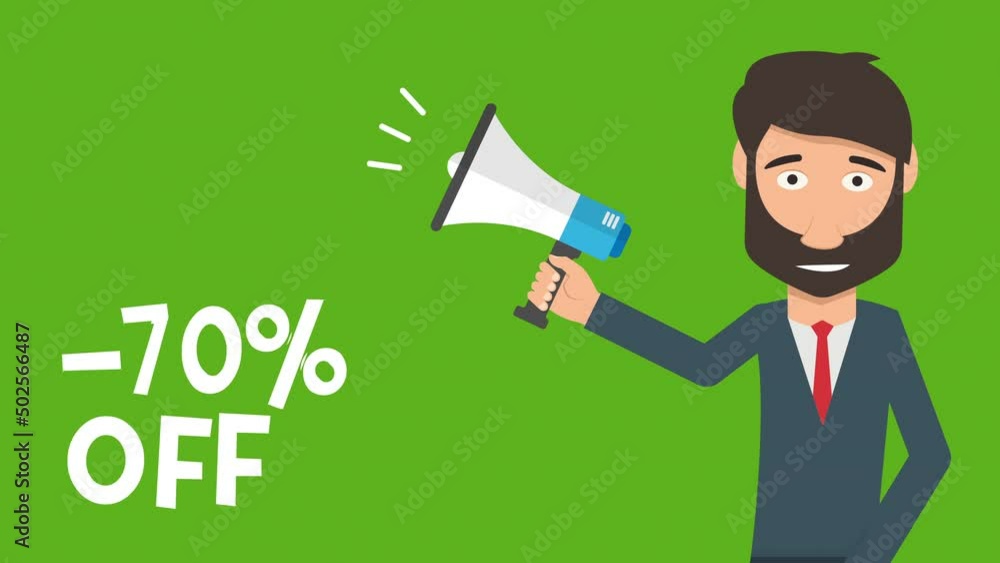 -70% off - cartoon bussines man hold megaphone and text animation.4K motion animation.green background -70% off - cartoon bussines man hold megaphone and text animation.4K motion animation.green background