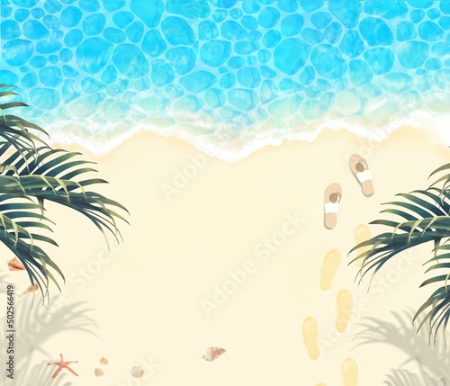 上から見た夏の砂浜とエメラルドグリーンの海の波打ち際に貝殻とサンダルと足跡のあるヤシの背景素材