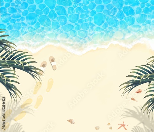 上から見た夏の砂浜とエメラルドグリーンの海の波打ち際に貝殻とサンダルと足跡のあるヤシの背景素材