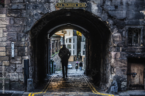 Old Tolbooth Wynd seen from Canongate Street in historic part of Edinburgh, Scotland, UK photo
