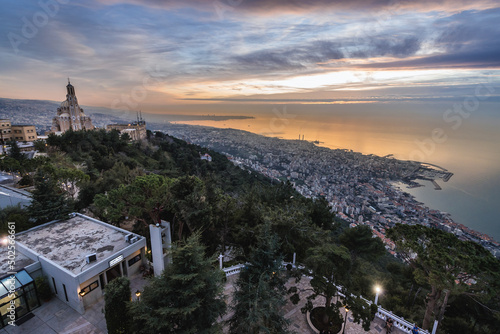 Aerial view from statue in Marian shrine of Our Lady of Lebanon in Harissa town, Lebanon photo