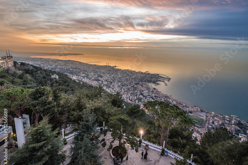 Evening view from large sculpture in Marian shrine of Our Lady of Lebanon in Harissa town, Lebanon