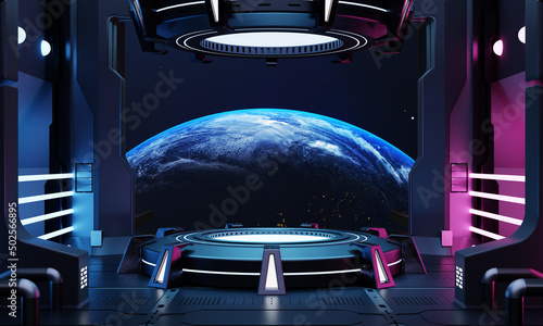 Fototapeta Naklejka Na Ścianę i Meble -  Sci-fi product podium showcase in empty spaceship room with blue earth background. Cyberpunk blue and pink color neon space technology and entertainment object concept. 3D illustration rendering