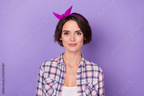 Fototapeta Photo of good mood gorgeous lady with charming headband wear plaid shirt isolate