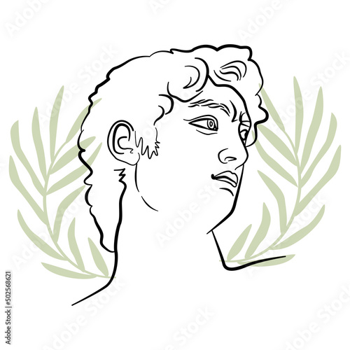 Michelangelo David head in trendy line art style. A vector portrait of man with abstract olive branches. Poster or postcard decorative element. 