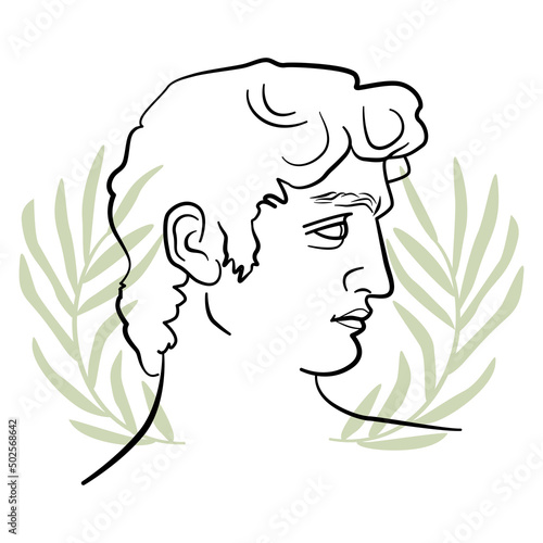 Michelangelo David profile in trendy aesthetic line art style. Male profile portrait with abstract olive leaves.