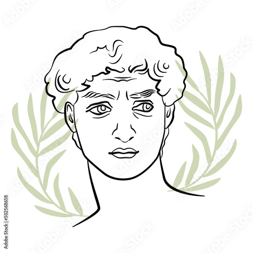 David’s sketch in trendy aesthetic style. A portrait of a male with abstract olive leaves. Michelangelo sculpture illustration. Positive masculinity concept.