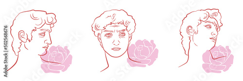 David head in different positions with abstract peony flowers. Famous sculpture sketches in trendy, aesthetic line art. A concept of positive masculinity. 