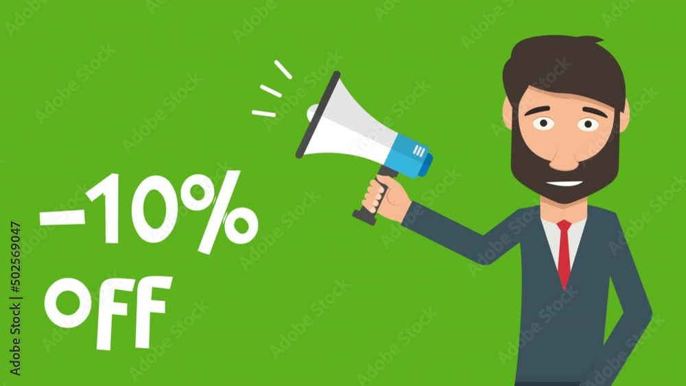 -10% off - cartoon bussines man hold megaphone and text animation.4K motion animation.green background -10% off - cartoon bussines man hold megaphone and text animation.4K motion animation.green background