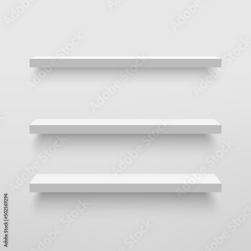Empty white shelf on white wall. Vector