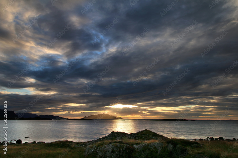 View from Flø towards Runde (NORWAY) with Viking Burial Mound in centre 