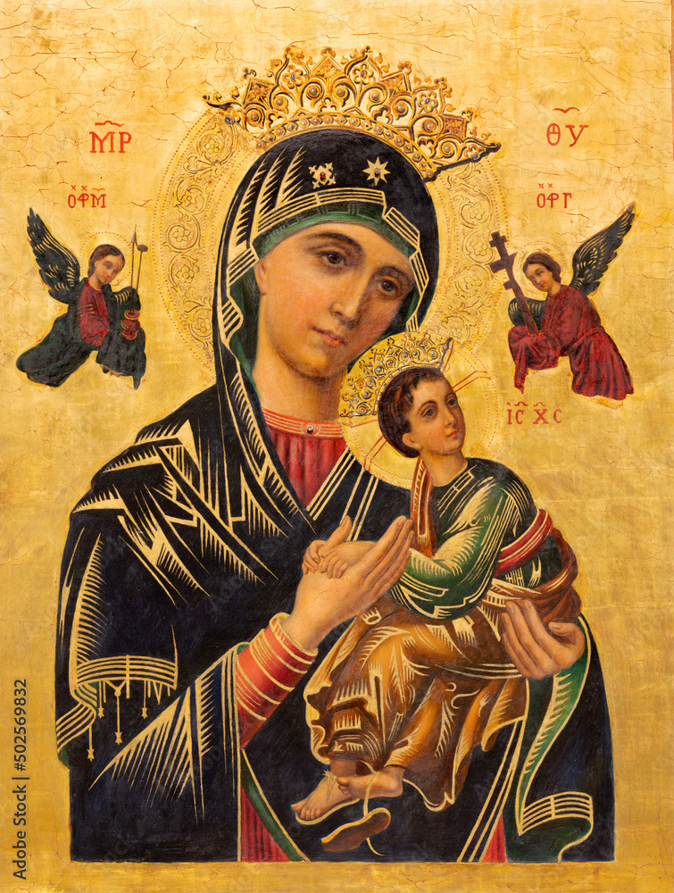 VALENCIA, SPAIN - FEBRUAR 17, 2022: Madonna (Our Lady of Perpetual Help) in the church Basilica de San Vicente Ferrer. - obrazy, fototapety, plakaty 
