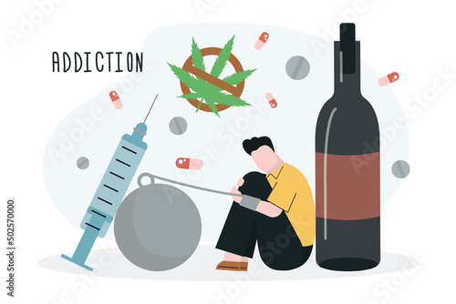 Sad male druger have different addictions. Help for abuse man with addiction. Drug, alcohol and tobacco addiction. Narological center addicted people