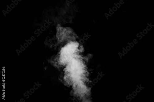 Curly white steam rising up and splashing water scattering in different directions isolated on a black background. Can be used as background, design element
