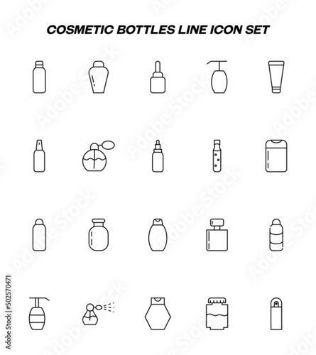 Cosmetic and beauty concept. Outline sign perfect for advertisement  web sites  internet stores etc. Line icon set with symbols of various bottles and tubes for procedures