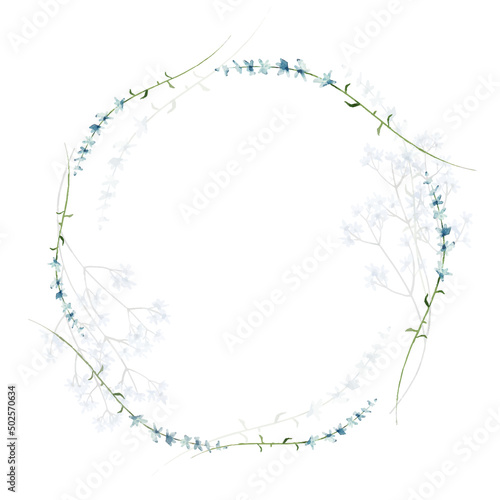 Watercolor painted floral wreath on white background. Branches with tiny blue flowers, leaves, transparent twigs. Vector