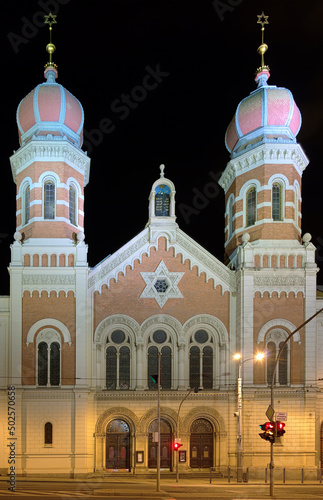 Great Synagogue in Plzen in night, Czech Republic photo