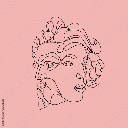 Neptune Line Art vector. Minimalist line drawing female face and Old man face. Love concept. 