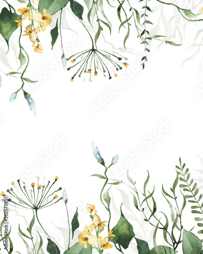 Watercolor painted floral frame on white background. Green and yellow wild twigs, branches and flowers. Vector.