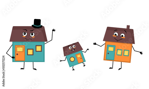 Family of house character with happy emotions, smile face, happy eyes, arms and legs. Mom is happy, dad is wearing hat and child with dancing pose. Vector flat illustration