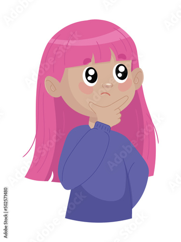cute girl with purple hair thinks, looks up