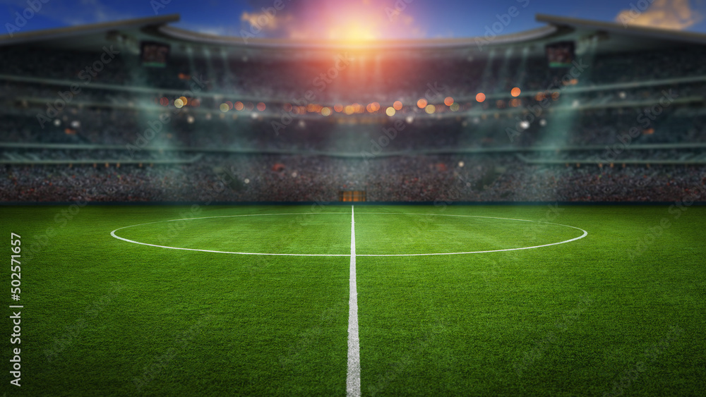 Fototapeta premium textured soccer game field with neon fog - center, midfield