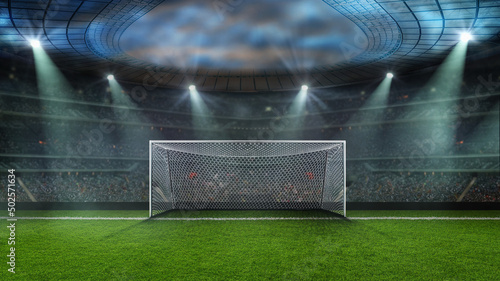 football or soccer goal gate closeup with green grass. 3D Illustration. textured soccer game field photo