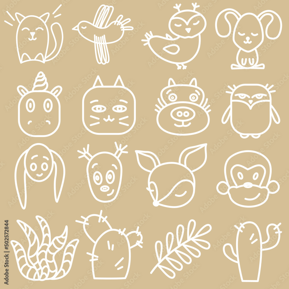 Templates of animals, plants, birds depicted in one line, cute illustrations of cacti, flowers, birds, penguin, giraffe, hare, rabbit, cat, monkey, fox, cow, unicorn