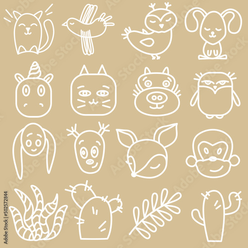 Templates of animals, plants, birds depicted in one line, cute illustrations of cacti, flowers, birds, penguin, giraffe, hare, rabbit, cat, monkey, fox, cow, unicorn