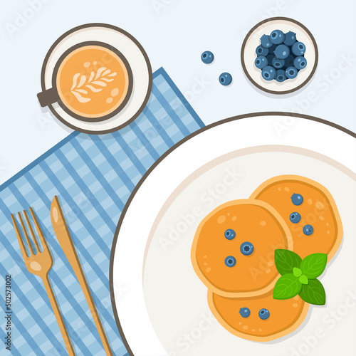 A delicious breakfast of pancakes with blueberries on a plate and a cup of coffee. Cute vector illustration in flat style.