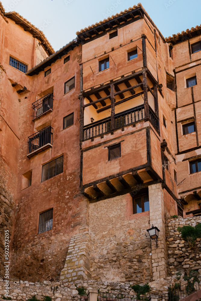 Traditional house's facade of Albarracin. The typical houses on the cliff in Albarracin, Teruel, Aragón, Spain
