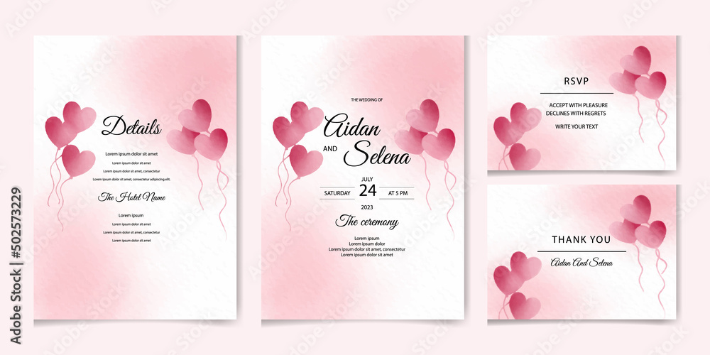 watercolor hand drawn wedding invitation design with love balloons