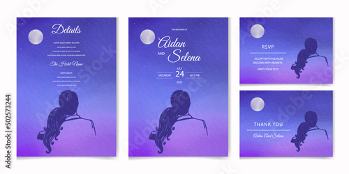 Hand-drawn watercolor wedding invitation set with a romantic couple under a full moon