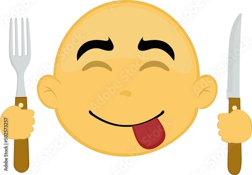 Vector illustration of the face of a bald yellow cartoon character, with a yummy expression, with a knife and fork in his hands