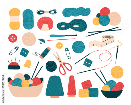 Knitting elements set. Handmade, knitted, various skeins of yarn, needles and hooks, accessories. Collection of handicraft hobby objects. Isolated flat hand drawn vector illustration