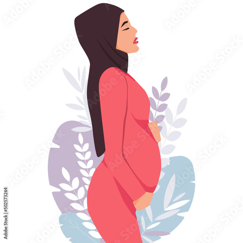 Pregnant Muslim woman in traditional dress. Vector illustration in a flat style.Postcard, poster.