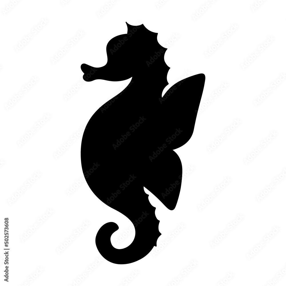 Black silhouette of a seahorse, side view. Silhouette of a marine animal. Vector illustration isolated on a white background Black silhouette of a seahorse, side view. Silhouette of a marine animal. Vector illustration isolated on a white background