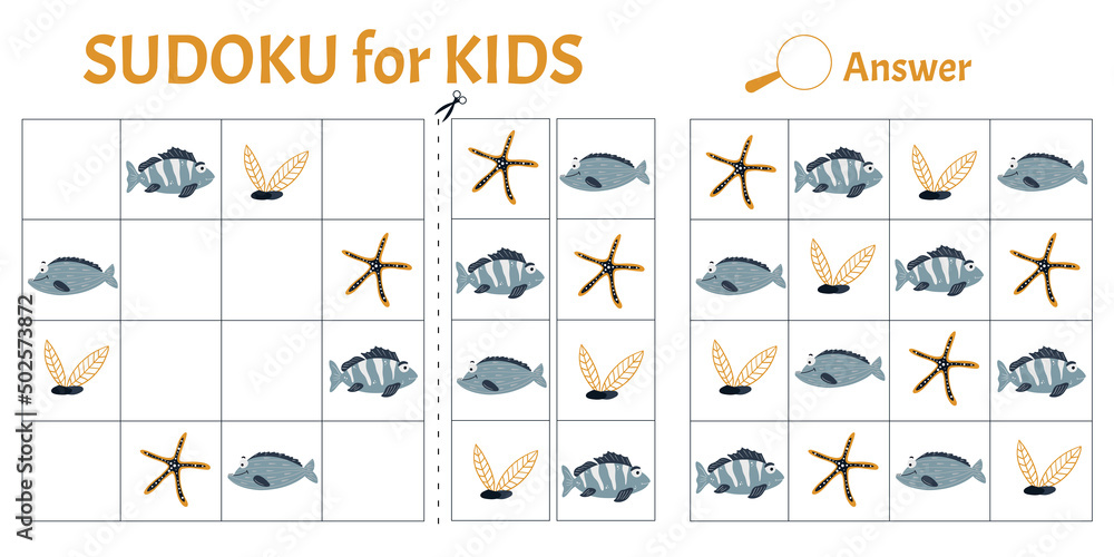 Sudoku game for kids with pictures of sea animals. Children's activity sheet. Vector illustration cartoon style Sudoku game for kids with pictures of sea animals. Children's activity sheet. Vector illustration cartoon style