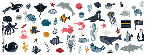Sea animals on a white background. Cute and funny Inhabitants of the marine underwater world, fish, dolphins, sharks, shrimps, algae, shells. Vector illustration on a white background.