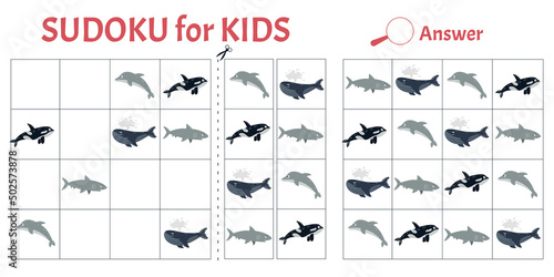 Sudoku game for kids with pictures of sea animals. Children's activity sheet. Vector illustration cartoon style
