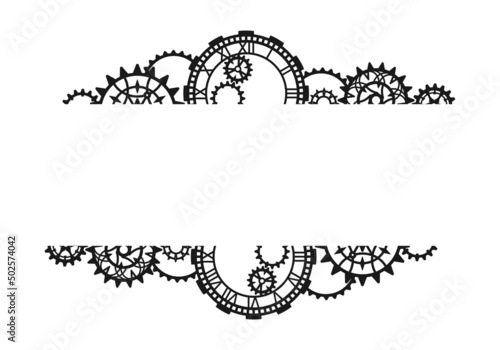 Vintage black border made of clock, different gears and cogwheels on a white background with place for text. Steampunk frame. Vector design template for banner, poster, flyer, signage, label, postcard photo
