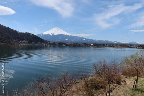 A scene of Mt. Fuji and Kawaguchi-ko Lake in Minamitsuru-gun County in Yamanashi Prefecture in Japan                                                                      