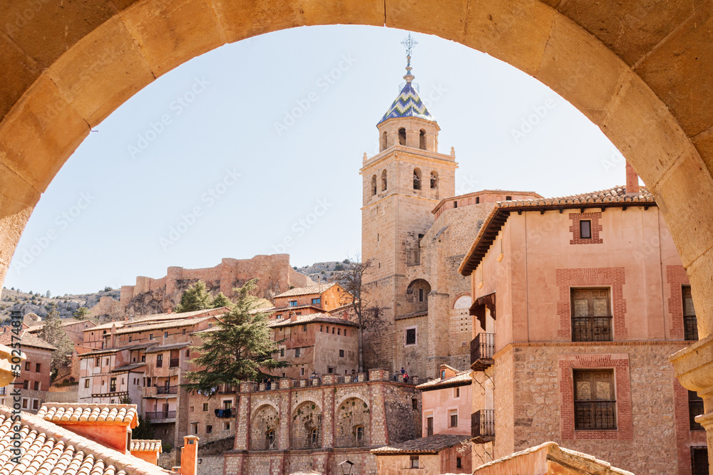 Traditional lookout of Albarracin, Teruel, Aragón, Spain. Views of the town through the balcony.