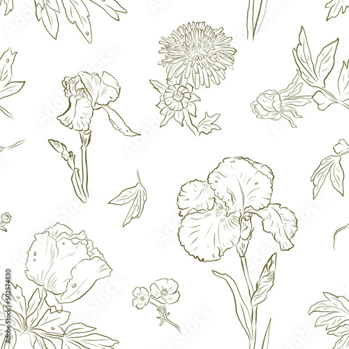 Seamless vintage golden vector pattern with iris and dandelions flowers. Spring mood. Maybe use for wallpaper  textile or card  wedding design.