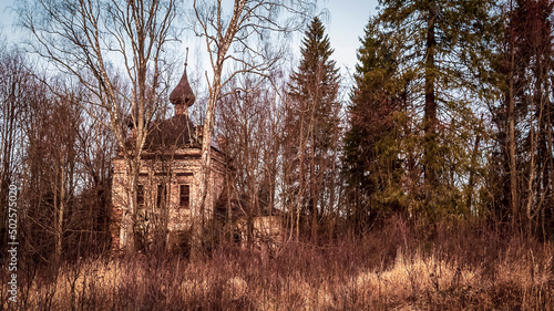 Fototapeta Naklejka Na Ścianę i Meble -  Landscape an abandoned temple in the forest in late autumn